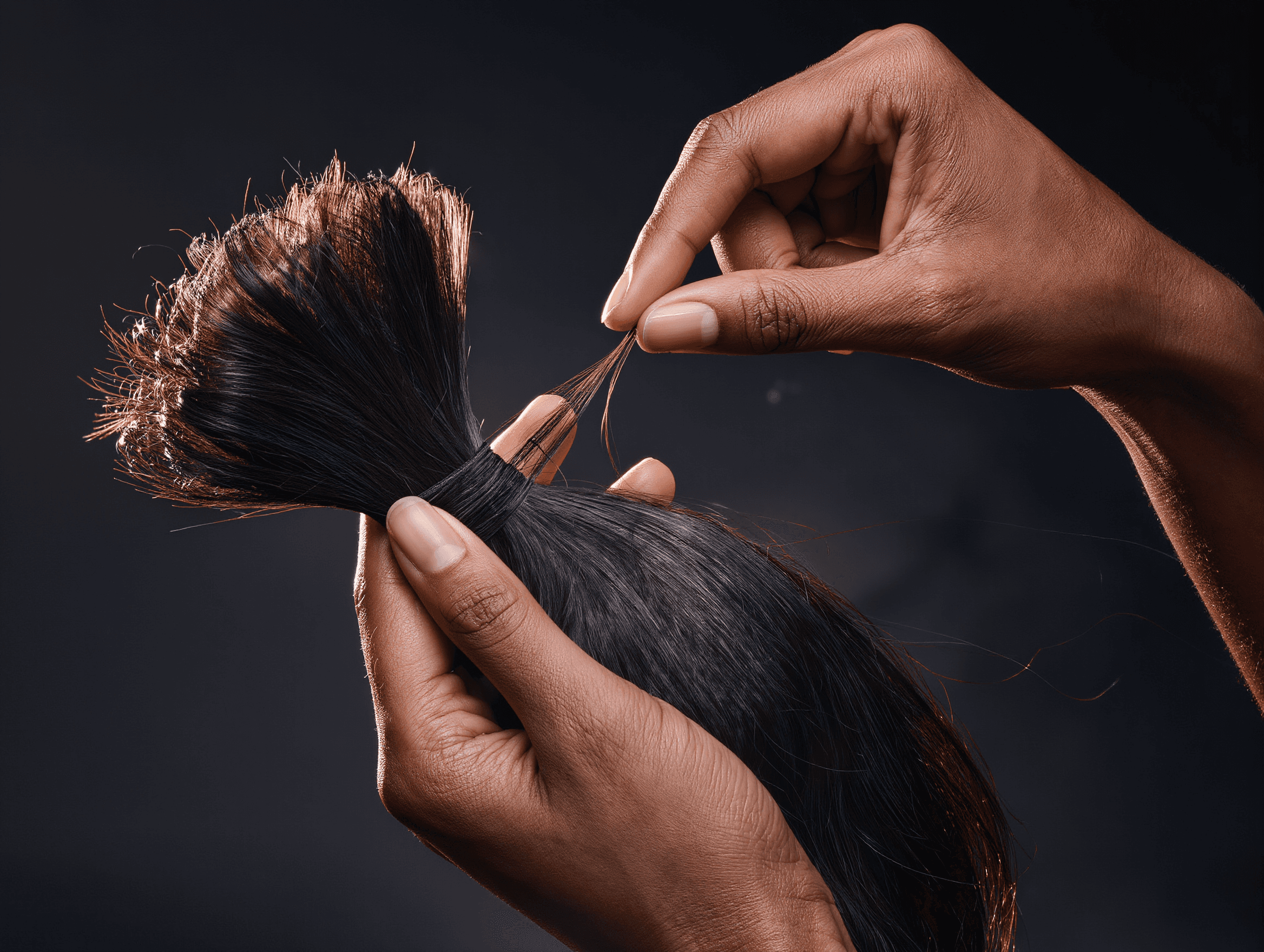 Wig Man hand-checking a bundle of human hair before it ships to a customer